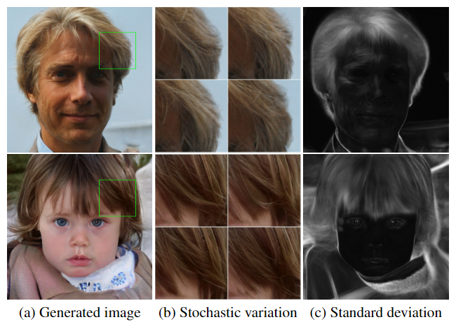 Figure 4. Examples of stochastic variation. (a) Two generated images. (b) Zoom-in with different realizations of input noise. While overall appearance is almost identical, individual hairs are placed very differently. (c) Standard deviation of each pixel over 100 different realizations, highlighting which parts of the images are affected by the noise. The main areas are the hair, silhouettes, and parts of background, but there is also interesting stochastic variation in the eye reflections. Global aspects such as identity and pose are unaffected by stochastic variation.